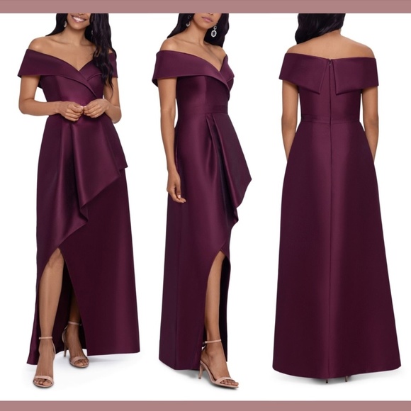 NWT $289 XSCAPE [ 12‎ ] Off Shoulder Draped Asymmetrical Gown in Burgundy - Picture 1 of 13